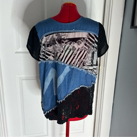 Lavena Patchwork Denim and Lace Top polyester Lg - Picture 2 of 7